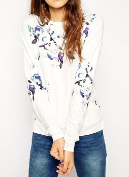 Long Sleeve Floral Loose Sweatshirt-White